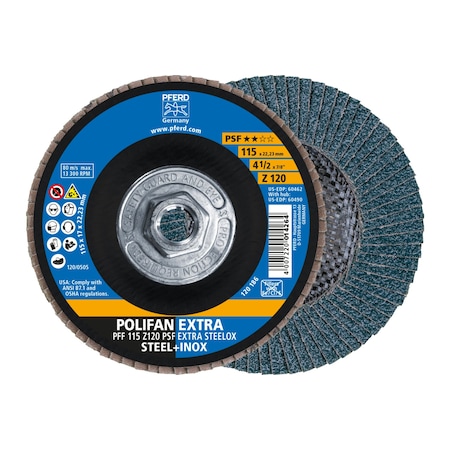 Pferd 4-1/2" x 5/8-11 Thd. POLIFAN Flap Disc - Z PSF EXTRA STEELOX, Zirconia, 120 Grit, Flat 60490